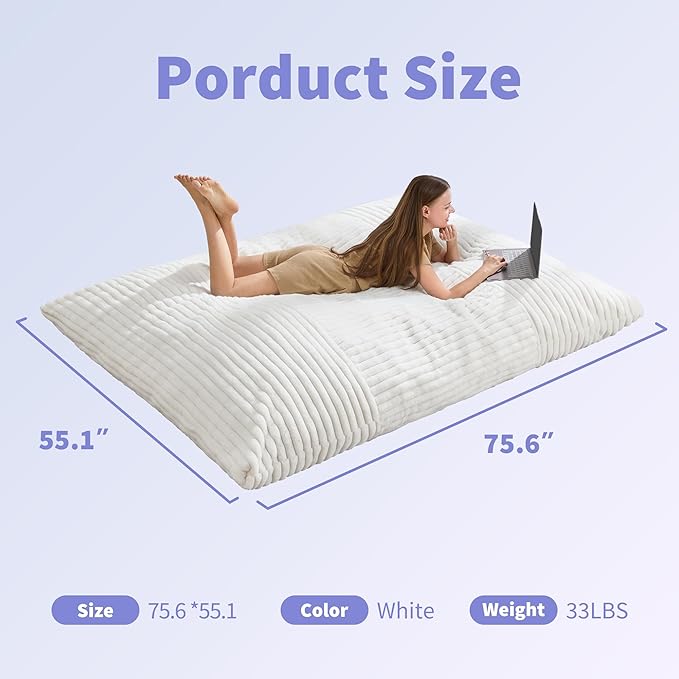 Hobestluk 3 in 1 Bean Bag Chair Giant Bean Bag Chairs Convertible Bean Bag Floor Cushion with Machine Washable Cover, Beanbag Chairs for Adult (White)