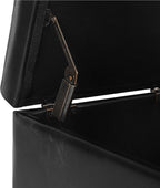 Adeco Faux Leather Storage Ottoman Bench with Solid Wood Legs, 17.7" Square Black PU Cube Foot Stool, Upholstered Button Tufted Vanity Chair with Hinged Lid for Living Room, Bedroom, Dorm