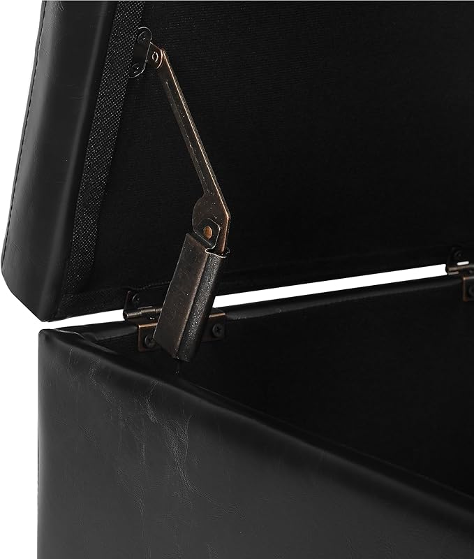 Adeco Faux Leather Storage Ottoman Bench with Solid Wood Legs, 17.7" Square Black PU Cube Foot Stool, Upholstered Button Tufted Vanity Chair with Hinged Lid for Living Room, Bedroom, Dorm