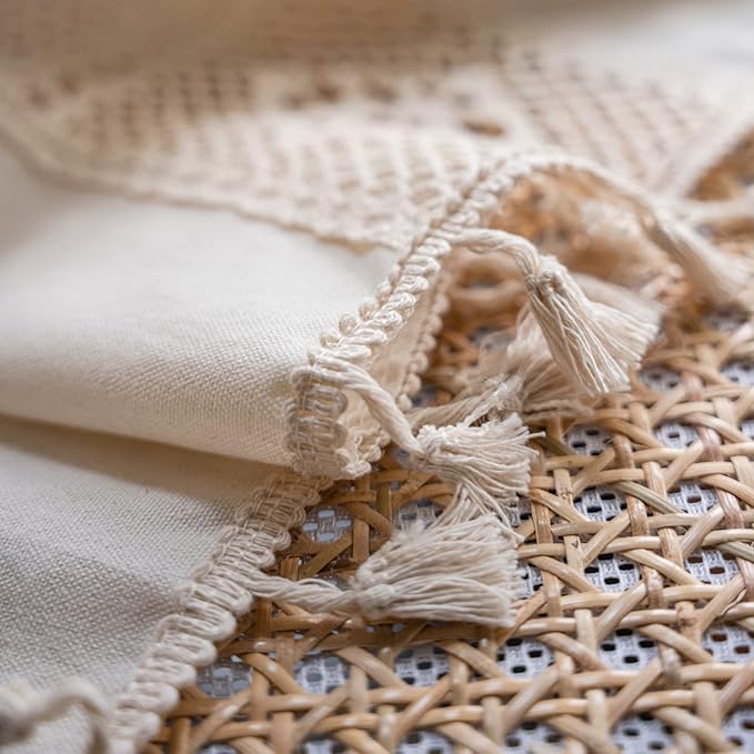 Sutuo Home Boho Curtains Crochet Lace Patchwork Semi-Blackout Bohemian Handmade Tassels, Rod Pocket Window Treatment Vintage Rustic Farmhouse Drapes for Living Bedroom, 1 Panel 59" W x 84" L, Beige