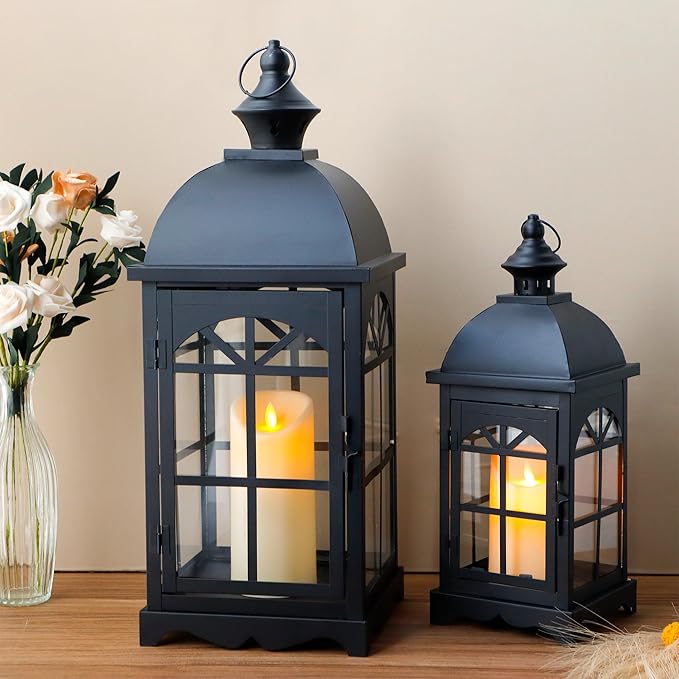 TRIROCKS Set of 2 Decorative Vintage Candle Lanterns 14.5"&20" H Farmhouse Outdoor Hanging Lanterns with Tempered Glass for Porch, Balcony, Patio, Home, Centerpieces, Indoor, Outdoor(Black)