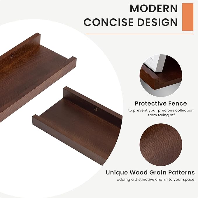 Solid Ash Wood Picture Ledge Shelf, Floating Shelves Set of 2, 56 Inch Long Large Ledge Shelves, Nursery Book Shelves Wall Mounted for Living Room Bedroom Kitchen Decor Kids Bookshelf, Walnut