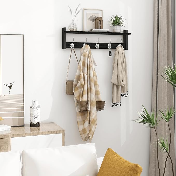 Homode Coat Rack Wall Mount with Shelf, 24" Long Entryway Shelf with Hooks Underneath, Wooden Coat Hanger for Hanging Hats, Bathroom Towels, Clothes, Black