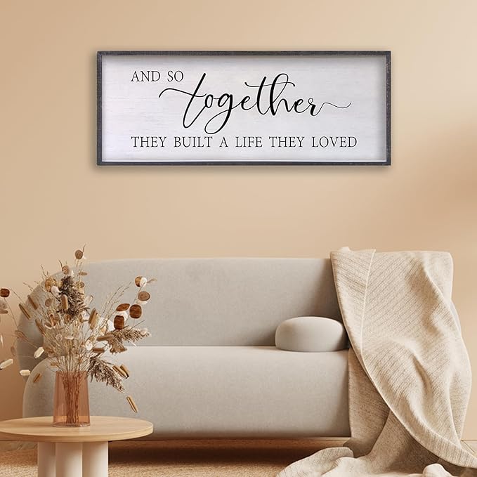 And So Together They Built A Life They Loved Sign Above Bed Wall Decor 24×10 Inch Master Bedroom Over Bed Wood Framed Wall Art (Black)