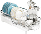 Dish Drying Rack, Expandable Dish Rack for Kitchen Counter, Stainless Steel Dish Drainer with Drainboard Set and Utensil Holder (White)