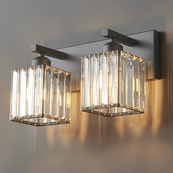 Modern Bathroom Vanity Light 2-Lights Black Crystal Bathroom Wall Light Vanity Light Fixtures，12.59-inch Modern Minimalist Design