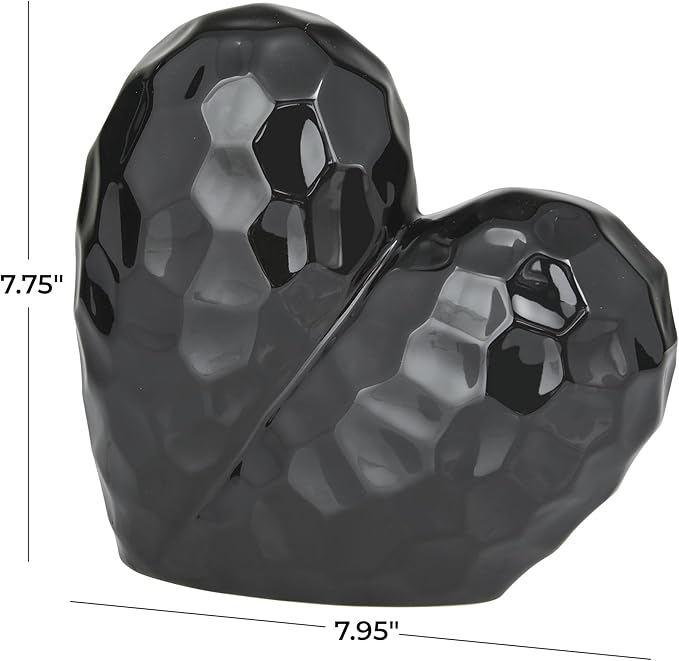Deco 79 Porcelain Ceramic Heart Decorative Sculpture Dimensional Angled Origami Inspired Home Decor Statue, Accent Figurine 8" x 3" x 8", Black