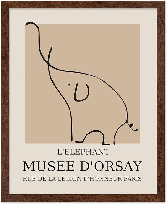 Poster Master Vintage Poster - Retro Minimalist Print - Gift for Artist, Housewarming - Elephant, Line Drawing, Sketch, Abstract - Wall Decor for Living Room, Bedroom, 8x10 Brown Framed