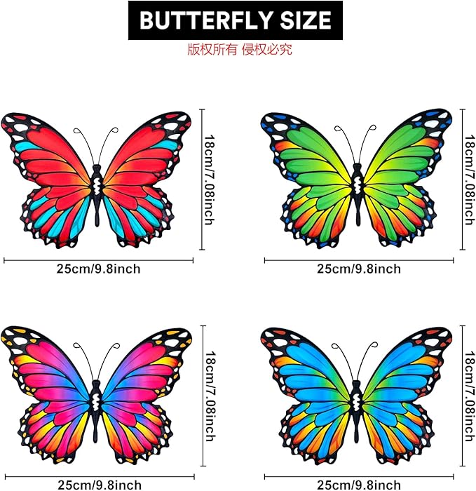 Oraytteo Metal Butterfly Wall Decor, 4pcs Butterflies Wall Art Hanging Sculptures for Outdoor Indoor Fence Patio Yard Tree Garden Home Decorations, Housewarming Gift for Mom Friends