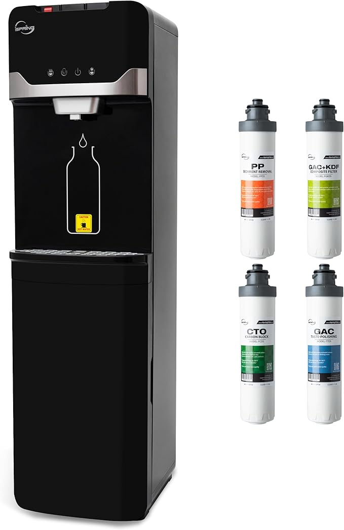 iSpring Bottleless Water Dispenser with Built-in 4-Stage Filtration, Hot/Cold/Room Temp, Self Cleaning, Stainless Steel, Model: DS4B