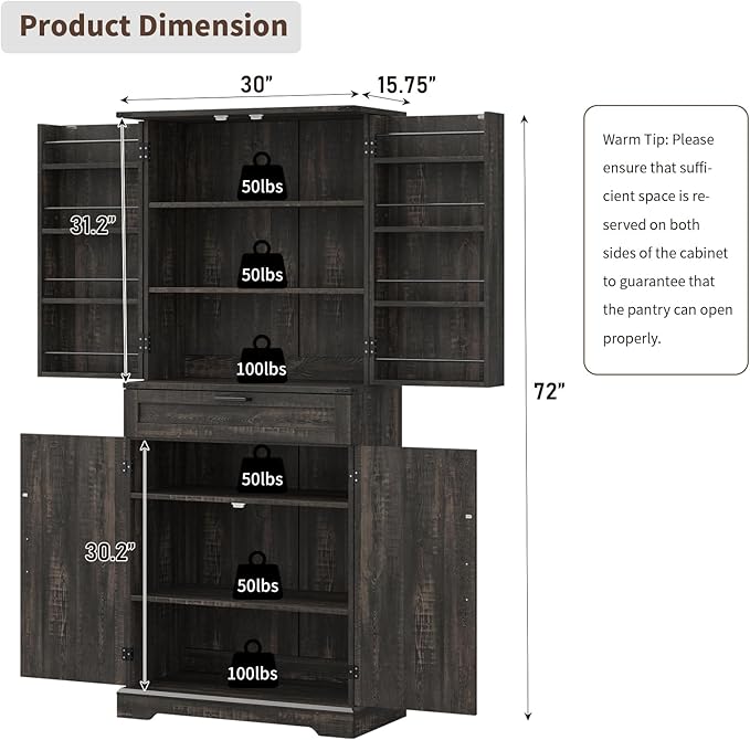 72'' Kitchen Storage Pantry Cabinet, Tall Storage Cabinet with 8 Door Shelves, 2 Cabinets and 1 Drawer, Freestanding Cupboard for Kitchen, Dining Room, Bathroom, Laundry, Living Room, Dark Rustic Oak