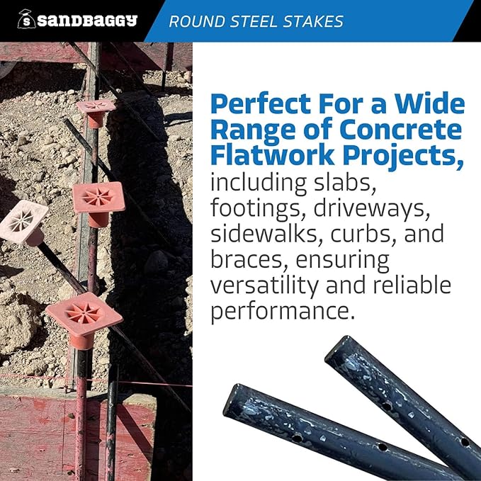 Sandbaggy Round Steel Concrete Form Stakes with Nail Holes - Rust Resistant Coating - Removable, Reusable (1, 3/4 in X 60 in)