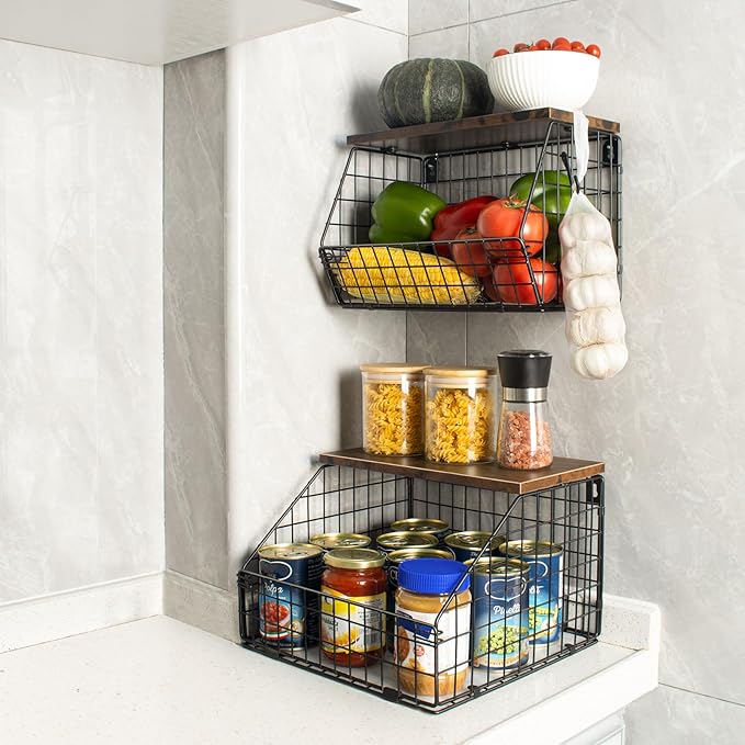 Fruit Basket, Stackable Wall Mounted Fruit Baskets, Potato Baskets Onion Storage for Kitchen, Hanging Wire Basket with Wood Lid, 2-Tier Vegetable Organizer Kitchen Countertop Organization