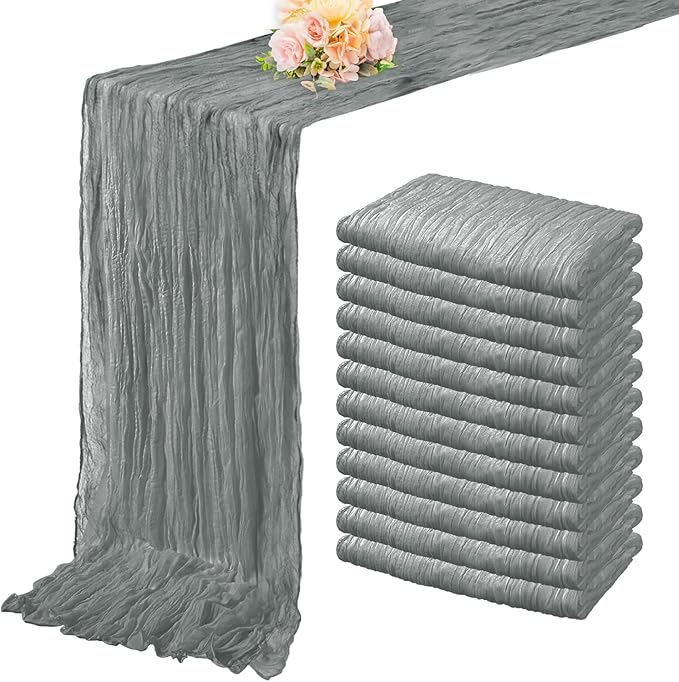 12 Pack Gray 10FT Cheesecloth Table Runner Rustic Gauze Fabric Cheese Cloth Table Runner for Wedding Bridal Baby Shower Table Decor 20 x 120 Inch Long Boho Sheer Birthday Party Table Decorations