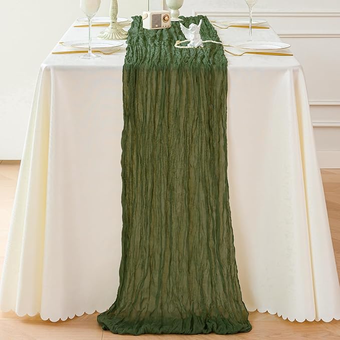 Sioloc 10 Pack Moss Green Cheesecloth Table Runner Fall Autumn Decor for Home 10ft Table Cloth for Tea Wedding Birthday Party Baby Bridal Shower Halloween Thanksgiving