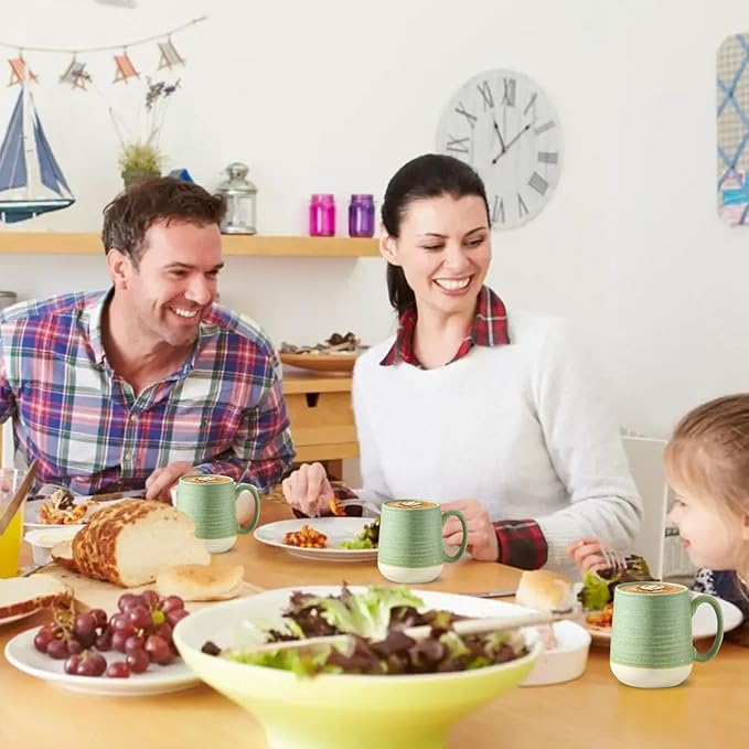 Hasense Stoneware Coffee Mugs Set of 6, 15 Oz Large Coffee Cups with Handle, Tea Mugs for Men and Women, Modern Coffee Mug for Cappuccino, Milk, Cocoa, Microwave & Dishwasher Safe, Green