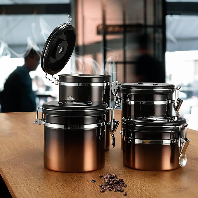 malmo Coffee Canister, Airtight Coffee Container with Date Tracker Lid, Stainless Steel Canister for Kitchen Food Storage (Black-Copper, 22oz with 1/4 Cup)