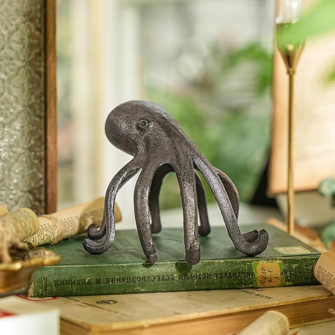 Sungmor Cast Iron Octopus Statue, Decorative Bookend, Cute Sculpture on Bookshelf or Desk, Creative Cell Phone Holder, Octopus Stand for Tablet, Black Brown