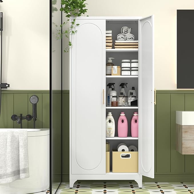 Metal Storage Cabinet with Doors and Shelves, 75 Inch Tall Kitchen Pantry Cabinet, Pantry Cabinets for Kitchen Storage, Freestanding Cupboard for Living, Dining Room, White, Assembly Required