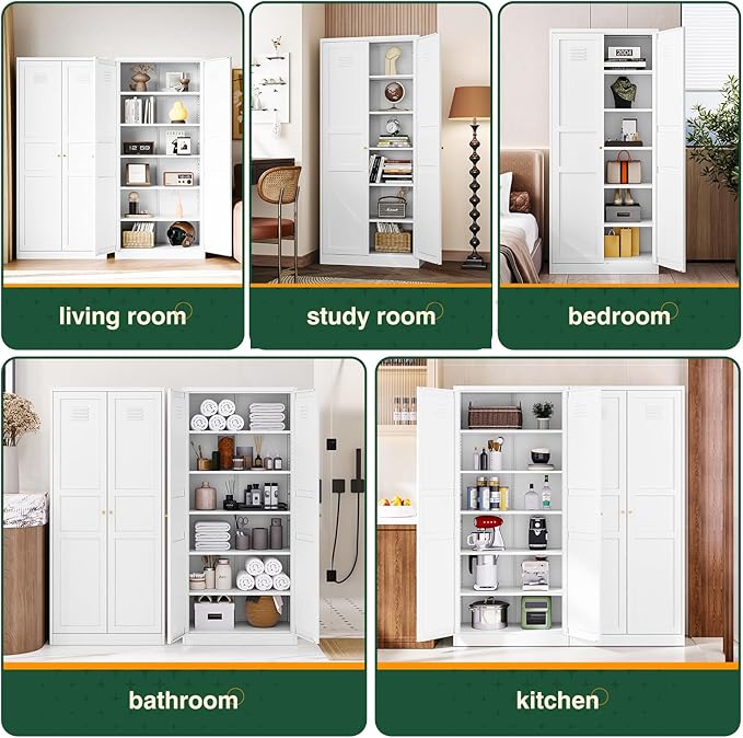 Letaya White Storage Cabinet with Adjustable Shelves-Metal Home Kitchen Pantry Cabinets with Doors,Organization Locker for Cupboard/Bedroom/Dining/Living/Bathroom/Office/Garage Room