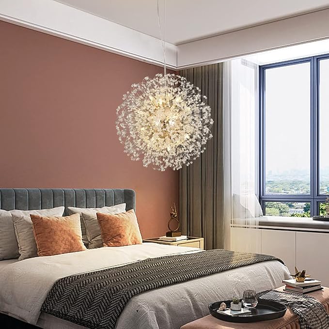 Modern Crystal Chandelier, Sputnik Dandelion High Ceiling Hanging Lamp, Large Beaded Gold Pendant Light for Living Room Dining Room Kitchen Island Bedroom (Gold 16Lights)