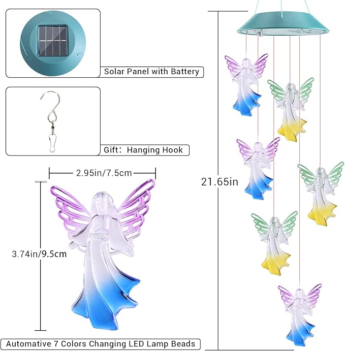 Toodour Solar Wind Chimes, Color Changing Angel Wind Chimes, LED Decorative Mobile, Gifts for Mom Grandma, Waterproof Outdoor Decorative Lights for Garden, Patio, Yard, Window Outdoor Decor