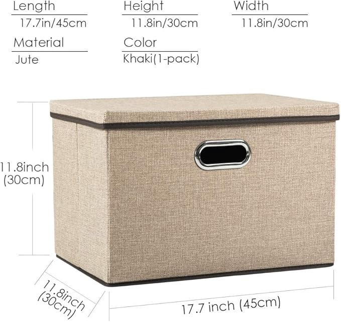 PRANDOM Large Collapsible Storage Bins with Lids [1-Pack] Jute Fabric Foldable Storage Boxes Organizer Containers Baskets Cube with Cover for Home Bedroom Closet Office Nursery (17.7x11.8x11.8)