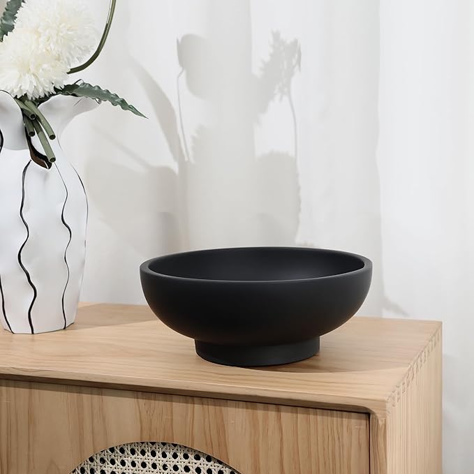 Large Black Decorative Bowl for Home Decor - Modern Concrete Fruit Bowl for Kitchen Counter or Coffee Table