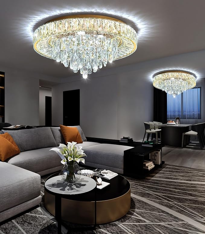 23.6'' Modern Crystal Chandeliers LED Dimmable Flush Mount Ceiling Chandeliers for Living Room Entrance Foyer Bedroom Gold