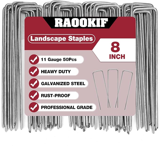 RAOOKIF 8 Inch Galvanized Garden Landscape Staples Stakes, 20/50/100/200Pcs Garden Metal Stakes, 11 Gauge Heavy Duty Ground Stakes for Decoration, Fence Stakes Lawn Stake, Fabric Pins (50, 8 Inch)