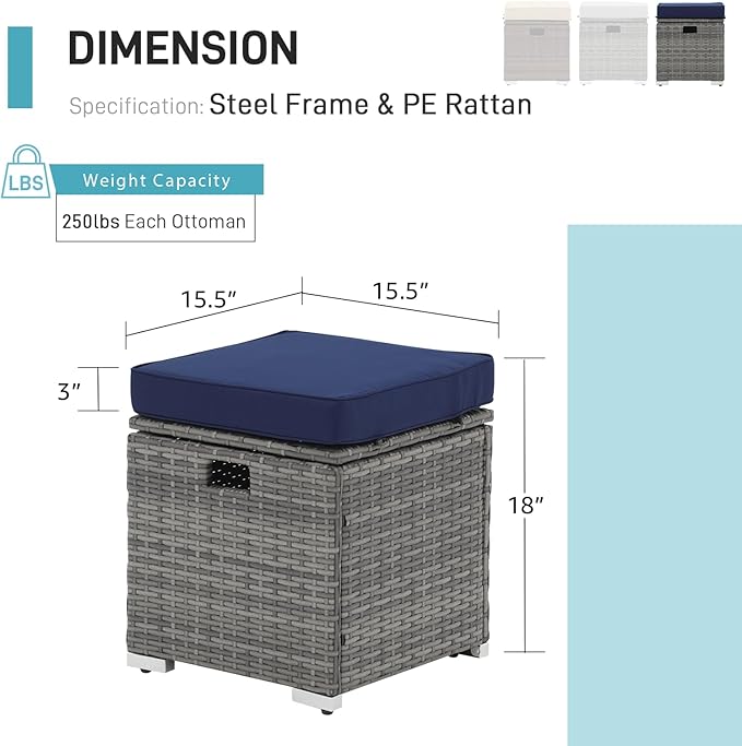 Patiorama 2 Piece Outdoor Patio Ottomans,All-Weather Grey PE Rattan Wicker Ottoman with Storage,Outdoor Footrest Footstool Seat w/Thick Cushion,Built-in Handle for Backyard Poolside Porch (Navy Blue)