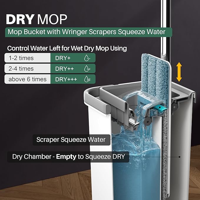 JOYMOOP Mop and Bucket with Wringer Set, Hands Free Flat Floor Mop and Bucket, with 8 Washable Microfiber Pads, Wet and Dry Use, Floor Cleaning System