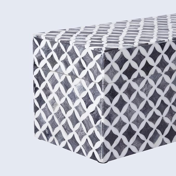 Handicrafts Home White Handmade Keepsake Organizer with Lid Decorative Storage Box- Star Pattern Collection Memories Holder for Jewelry, Photos & Cards- Home Decor Accents- Bone & Resin Inlay- 10x5x5