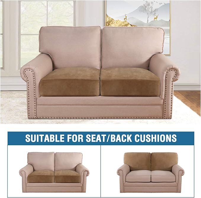 H.VERSAILTEX Velvet Stretch Couch Cushion Cover Plush Cushion Slipcover for Chair Loveseat Sofa Cushion Furniture Protector Seat Cushion Sofa Cover (2 Piece Large Sofa Cushion Covers, Camel)