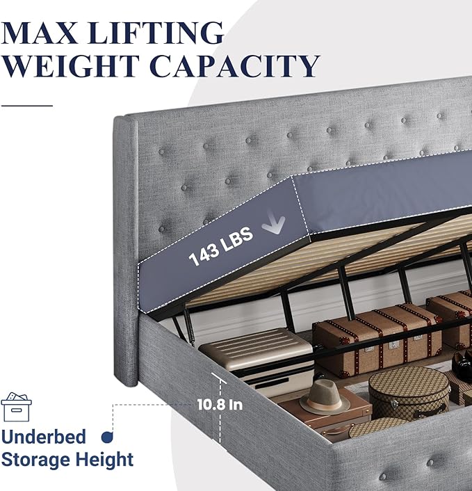 Allewie King Size Lift Up Storage Bed, Button Tufted Headboard with Wingback, Hydraulic Support, No Box Spring Needed, Light Grey