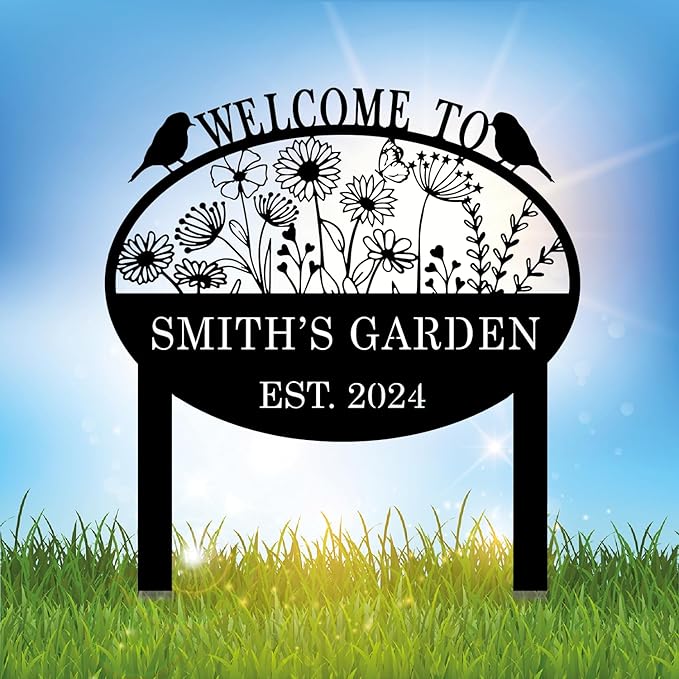 Custom Metal Flower Sign with Stakes - Personalized Garden Decor, Housewarming Gift - Large Yard Sign Plaque