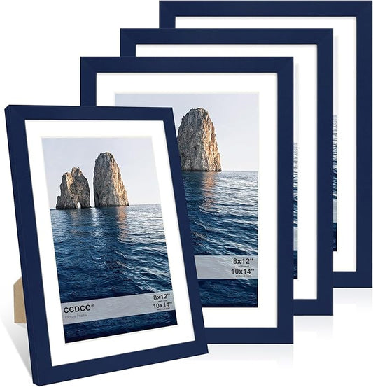 10x14 Picture Frame Set of 4, 10 x 14 Wood Photo Frames with Mat for 8x12 or 30x40cm Diamond Painting Art, Wooden Frame with Real Glass Cover for Wall and Tabletop Display,Blue