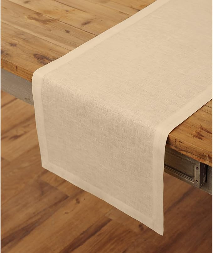 Solino Home Linen Beige Table Runner 60 Inches - 100% Pure Linen Small Table Runner 14 x 60 Inch Ideal for Dresser and Coffee Tables - Fall, Autumn, Thanksgiving - Fete
