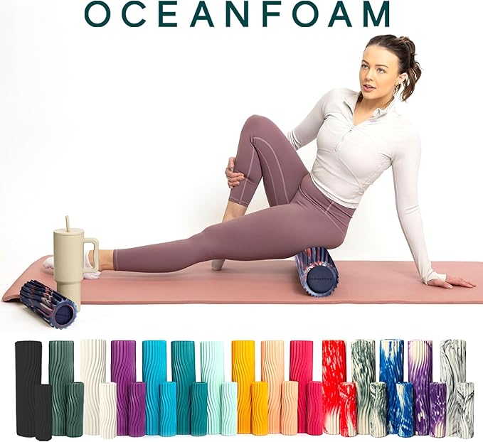 Oceanfoam Tidal Roller - Red, Dark Navy & Natural Marbled - Muscle Massage Foam Roller for Back Pain & Stretching - Firm & Ergonomic Wide Wave Textured - Yoga, Athletics, Wellness - Full Size 20" x 5"