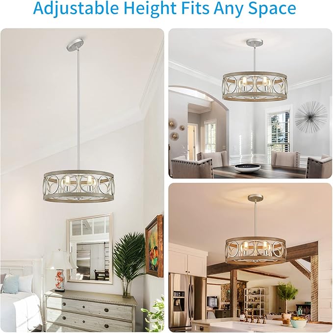 XINGQI 21.7'' Modern Farmhouse Chandelier Drum Pendant Lighting Fixture Hanging Ceiling Lamp for Living Dining Room Over Table, 5 Lights Antique Wood Grain Brushed Nickel with Round Metal