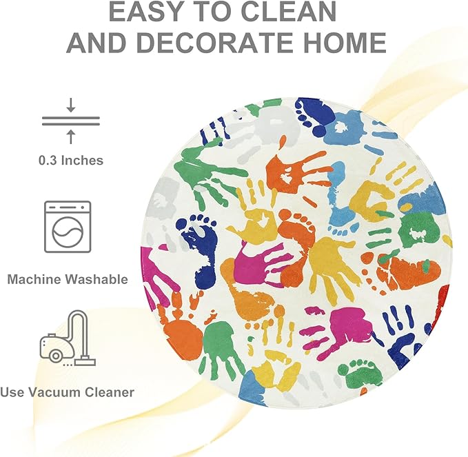 STARUIA Colorful Round Kids Rug 5 Ft, Machine Washable Rug for Playroom, Non-Slip Circle Rugs for Classroom, Soft Circular Carpet Handprints and Footprints Play Mat for Nursery Bedroom Preschool