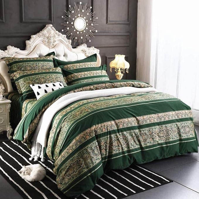 ABREEZE Bohemian Vintage Queen Size Floral Cotton Bedding Set 3Pcs Duvet Cover Set Boho Green Paisley 100% Egyptian Brushed Cotton Reversible Home Bedding Collection