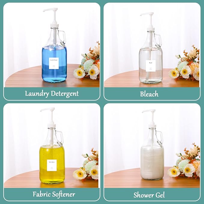 Glass Laundry Detergent Dispenser with Pump, 64OZ Liquid Laundry Soap Dispenser, Fabric Softener Dispenser Bottle for Laundry Room Organization and Storage, 2 Pack