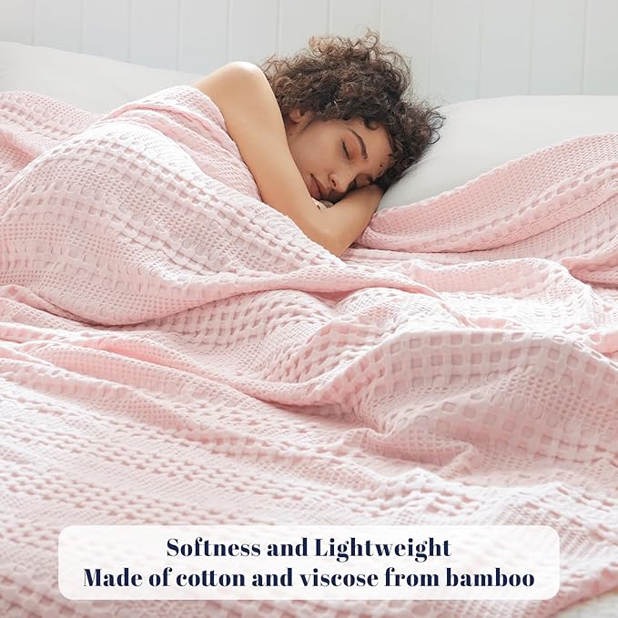 PHF Cooling Waffle Blanket King Size, Lightweight 60% Rayon Derived from Bamboo & 40% Cotton Breathable Blanket for Hot Sleepers, Soft and Luxury for Bed Couch and Sofa, 104"x90", Pink