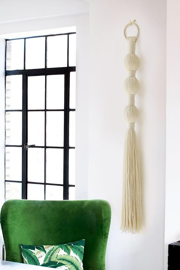 Macrame Wall Hanging Small Sphericity Cotton Textile Tassel Wall Hanging Fiber Yarn Art for Living Room Bedroom 27'' L x 2.3'' W