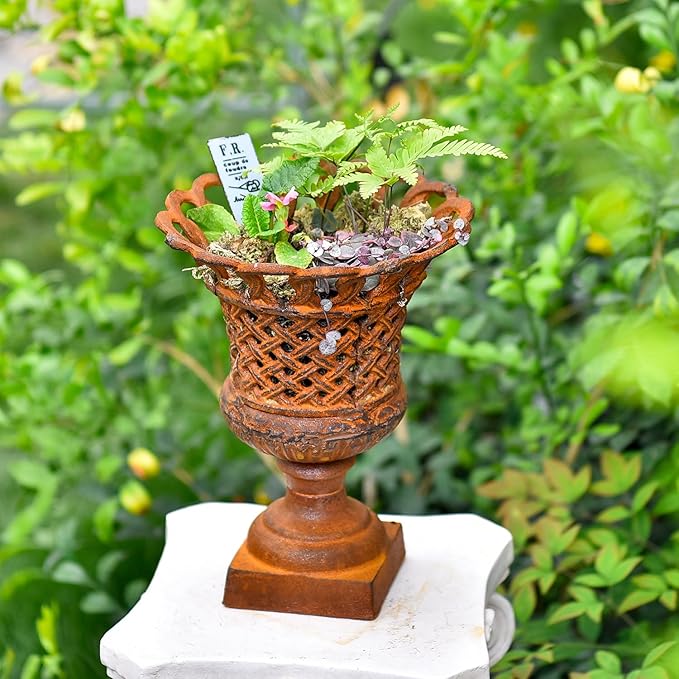 Sungmor Heavy Duty Cast Iron Urn Planter, Beautiful Hollow Trophy Design Tall Orchid Flower Pot, Large Decorative Plastic Flowers Plants Bouquets Vase, Rustic French Country Pot for Home or Garden