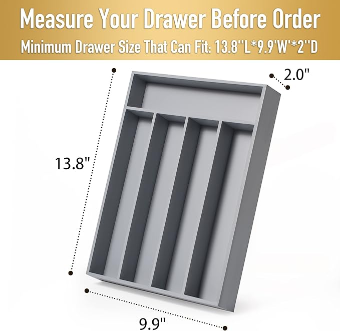 Bamboo Silverware Holder - Drawer Organizer with 5 Slots (Gray)