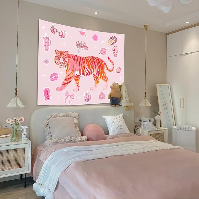 Lunerfex Y2K Tapestry Pink Tiger Wall Tapestry, Cute Tapestries for Bedroom Funny Tapestries Wall Hanging for Bedroom Living Room Decor Pink-3 44"x60"