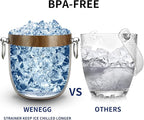 Ice Bucket with Lid, Scoop, Tongs and Strainer - Well Made Insulated Stainless Steel Keep Ice Frozen Longer - Ideal for Cocktail Bar, Parties, Chilling Wine, Champagne - 3 Liter (Teakwood)
