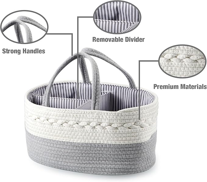 PandaEar Baby Diaper Caddy Organizer for Boys Girls, Portable Baby Diaper Basket, Travel Cotton Rope Diaper Caddy Change Organizer for Baby Shower Gifts Newborn Infants